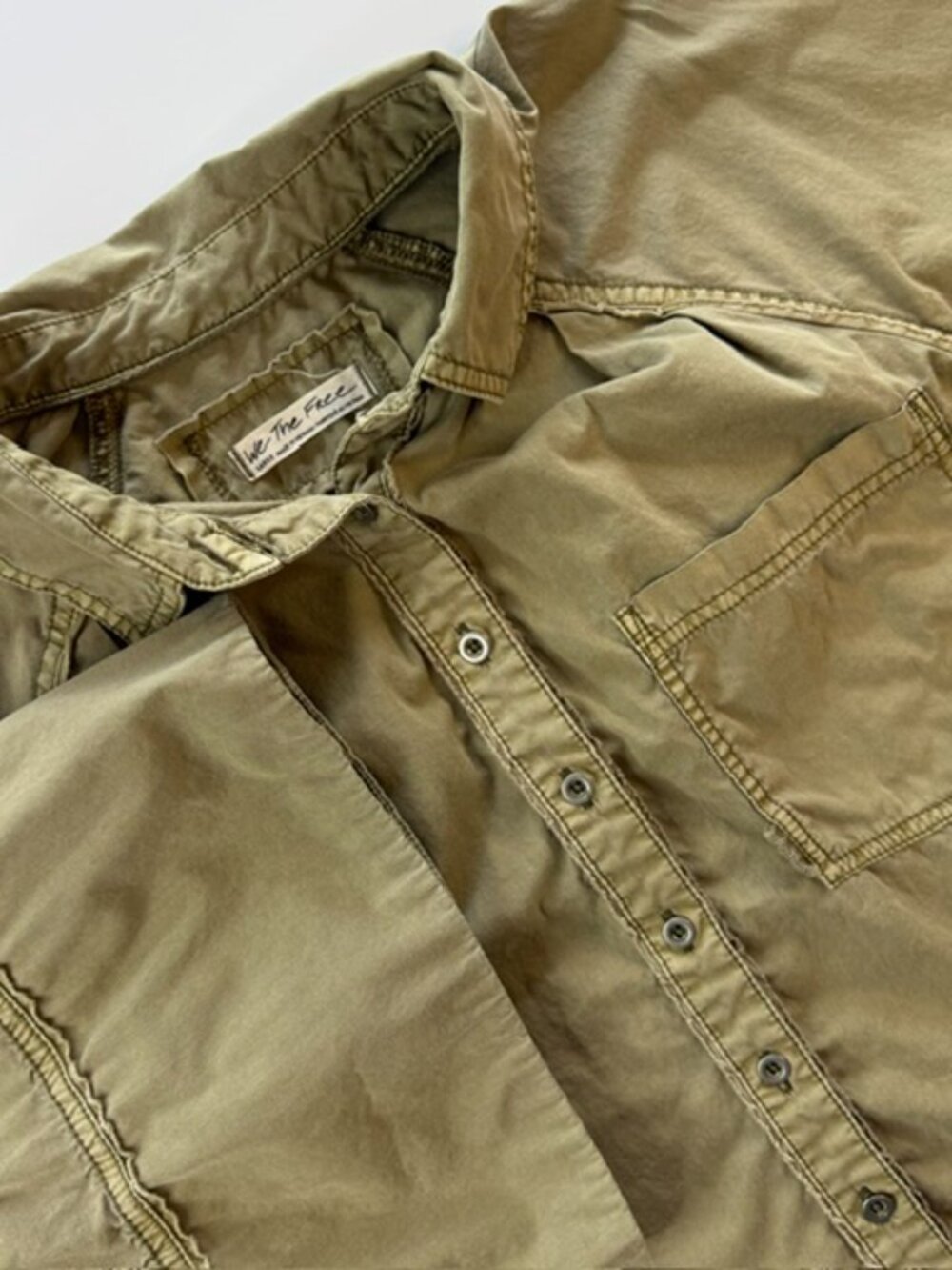 We The Free Woman's Button Up Top Large OD Army Cotton Wide Sleeve Collared
